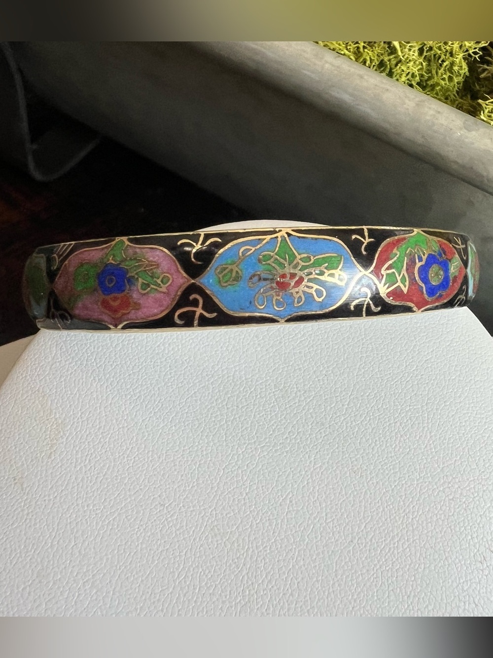 Vintage Estate Flower Leaves Black Cloisonné Enamel Wide Bangle Bracelet - Picture 4 of 14